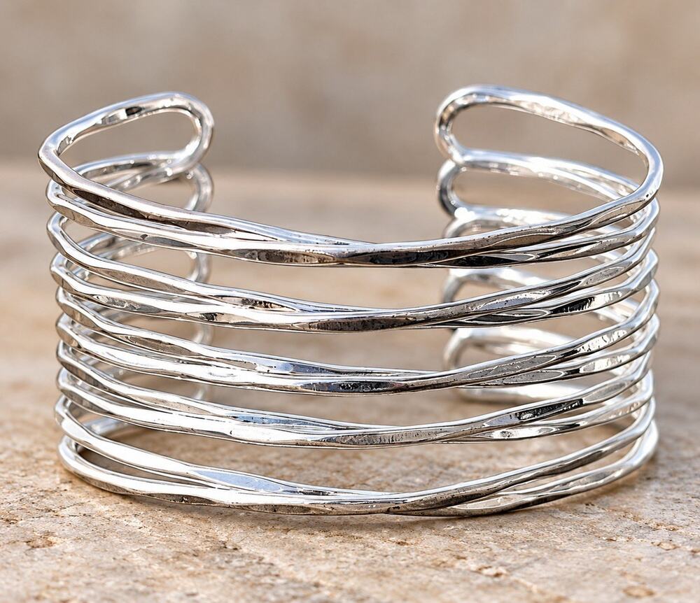 Silver Toned Cuff Bracelet Wide Multi Wire Stacked Southwestern Boho Statement